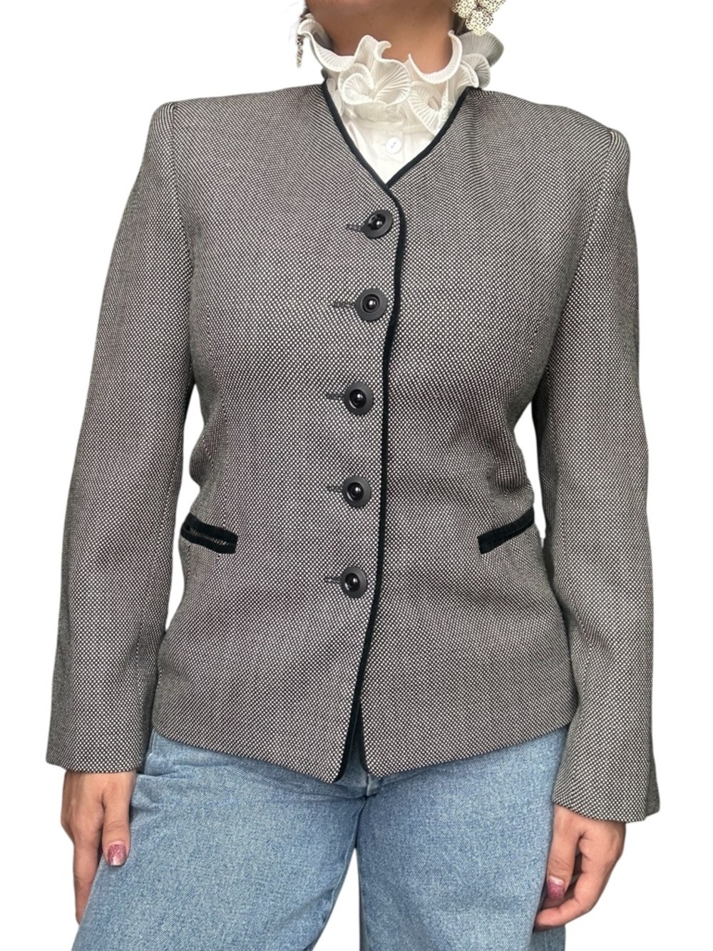 Vintage Wool Herringbone Blazer Black White Tailored Jacket - Small